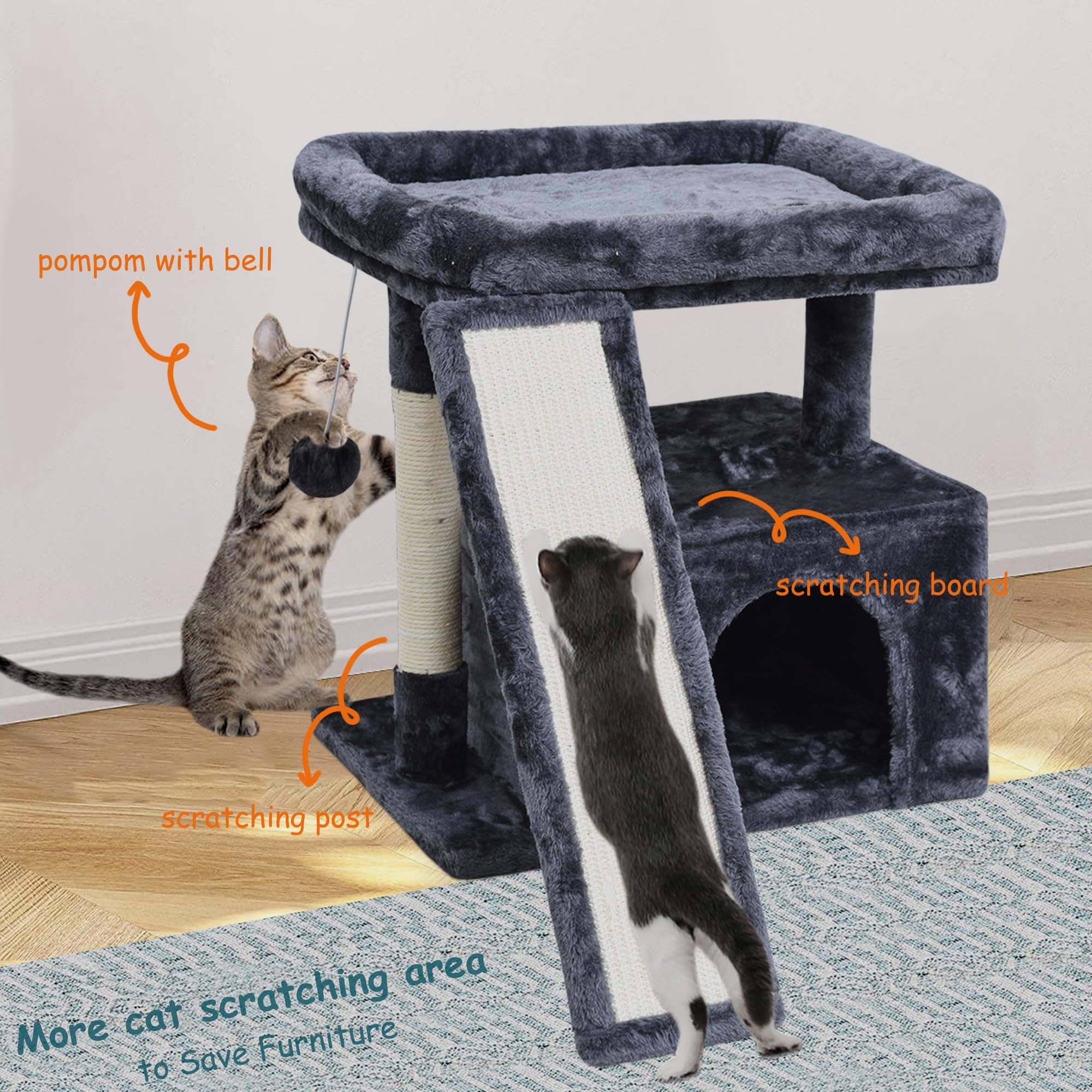Small Cat Tree Tower For Indoor Use - Stable Condo With Scratching Post, Perch, Board, And Hideout For Kittens(Smoky Grey)